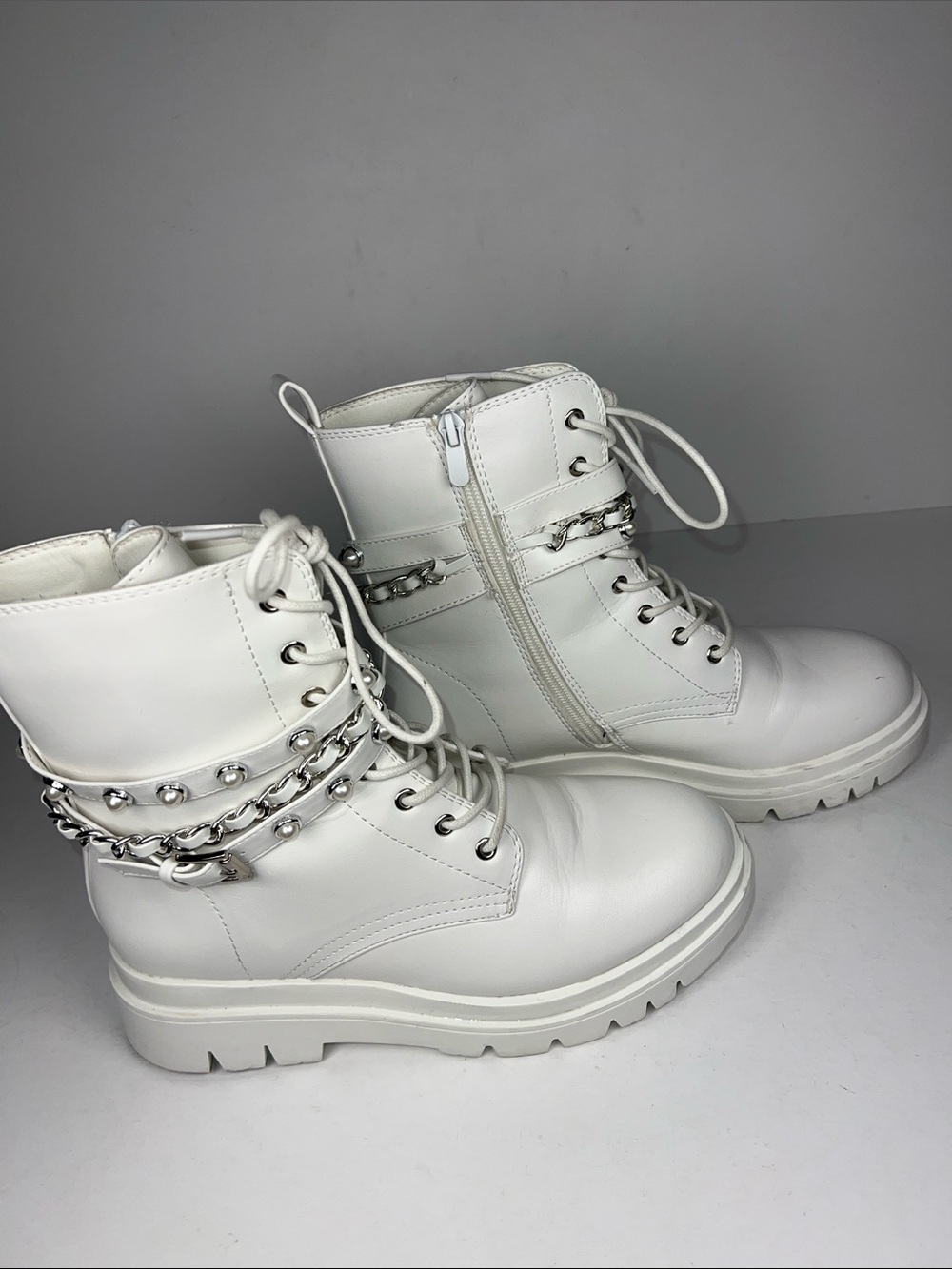 White Lace-Up Combat Boots with Chain Accent